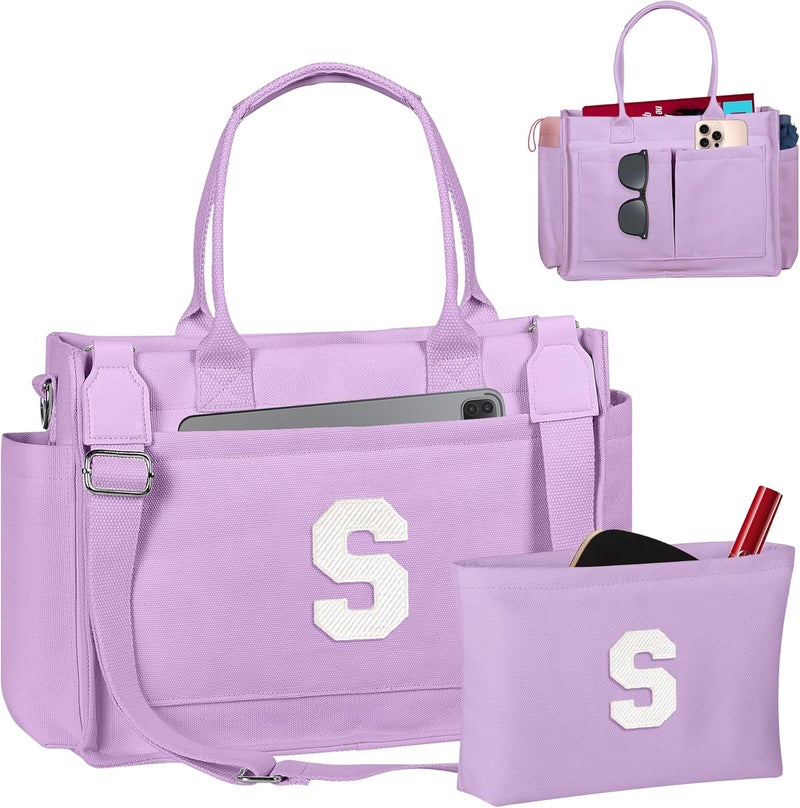 Freesya Store Birthday Gifts for Women Teen Girls, Initial Tote Bag with Zipper, Letter Canvas Tote Purse for College Work Laptop - Image 1